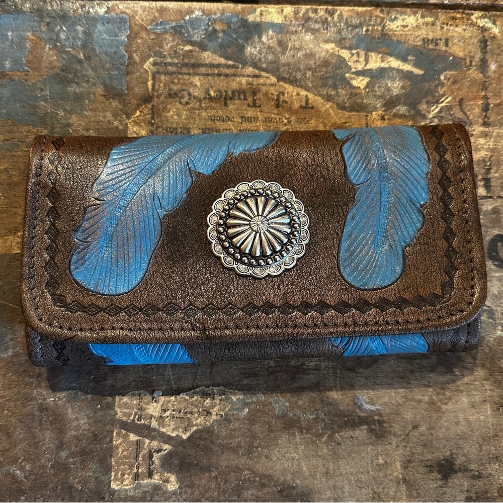 American West Hand Tooled Tri-Fold Sacred Bird Wallet 7570282